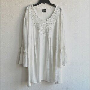 CalStyle White Crinkle Top Flutter 3/4 Sleeve Beaded Pearl Blouse Boho 2XL